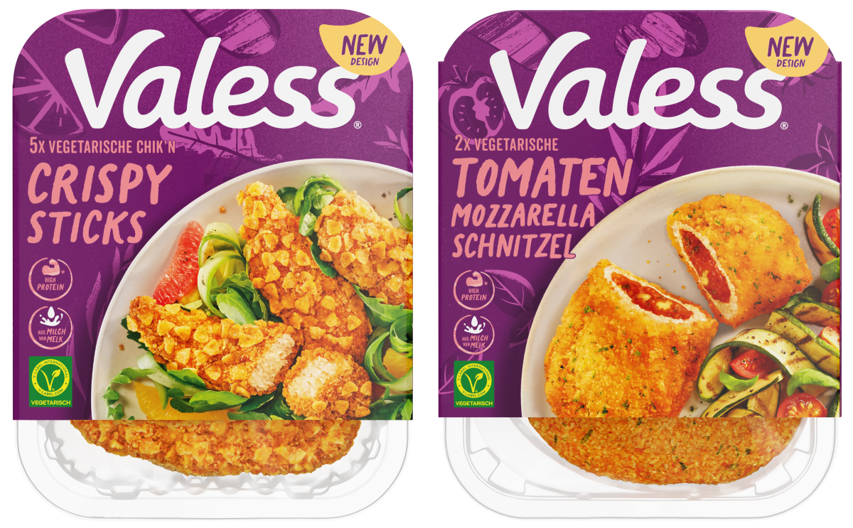 Productverpakkingen van Valess Vegetarische Chik'n Crispy Sticks en Valess Vegetarische Tomaten Mozzarella Schnitzel
